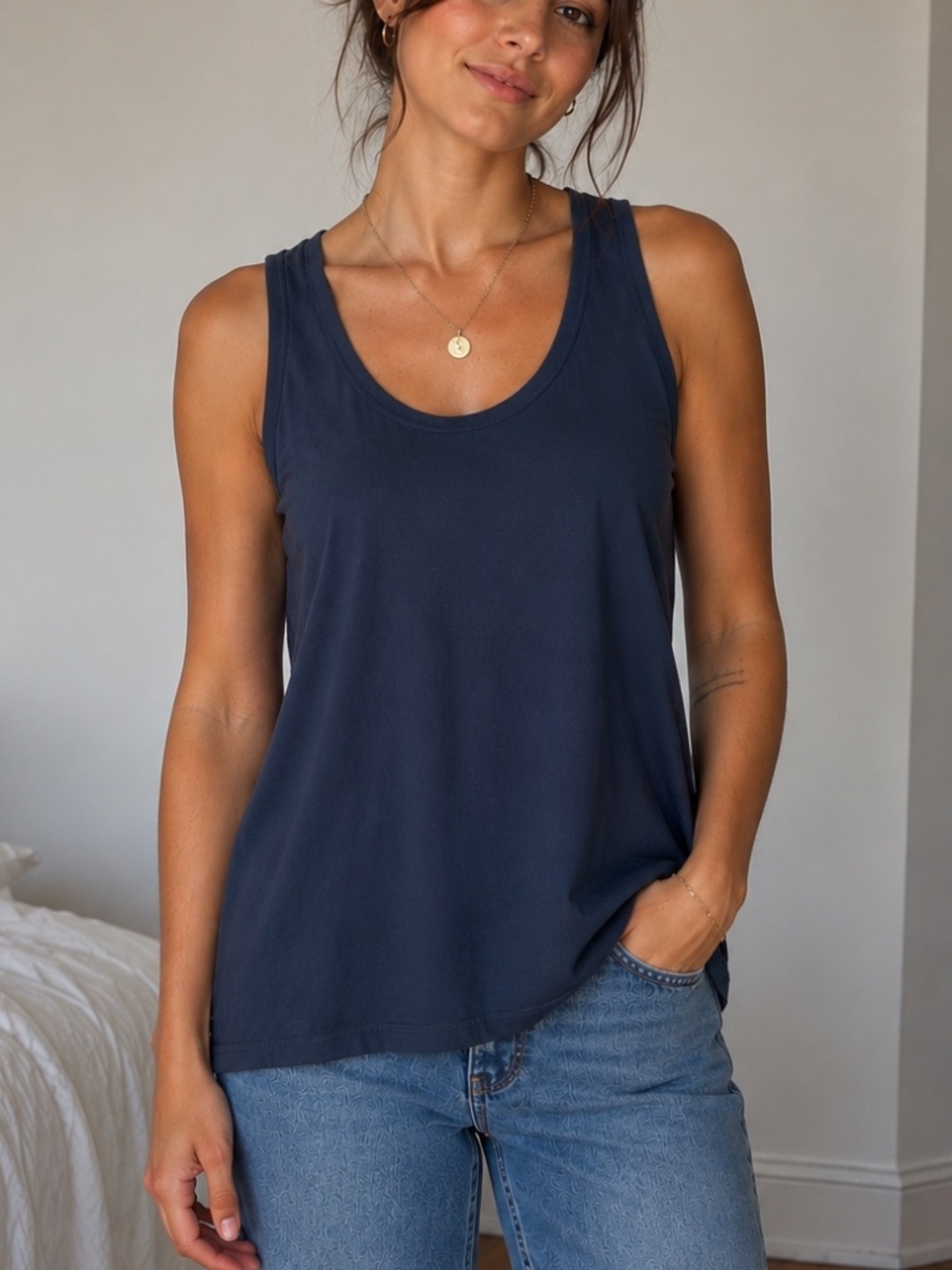 Eileen Fisher Navy Stretch Jersey Knit Scoop Neck Tank Top S